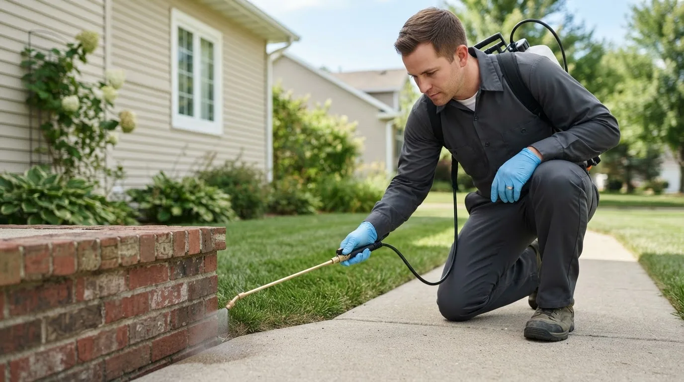 Pest control technician treating a home near Thaxton, VA