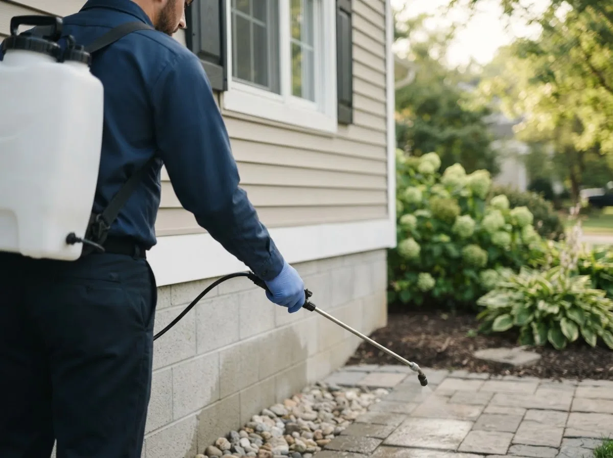 Pest control technician inspecting a home in Thaxton, VA